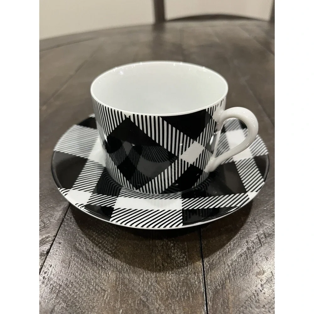 Fitz & Floyd Black‎ and White Plaid Buffalo Check Cup & Saucer Porcelain
